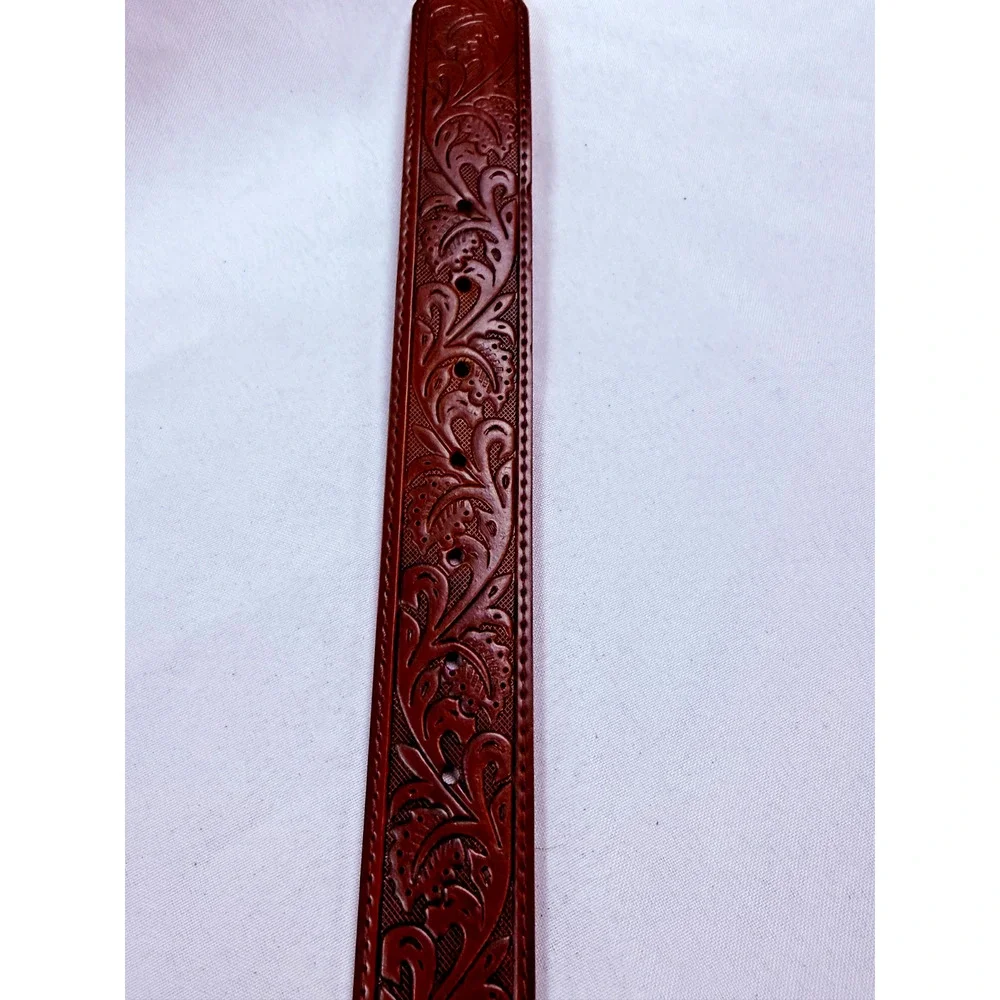 Western Leather Belt Longhorn Steer Skull Buckle Tooled Brown 36 37 USA